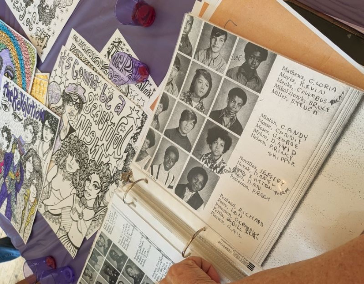 Artifacts from school days with Prince — artwork by Stephanie Carlson