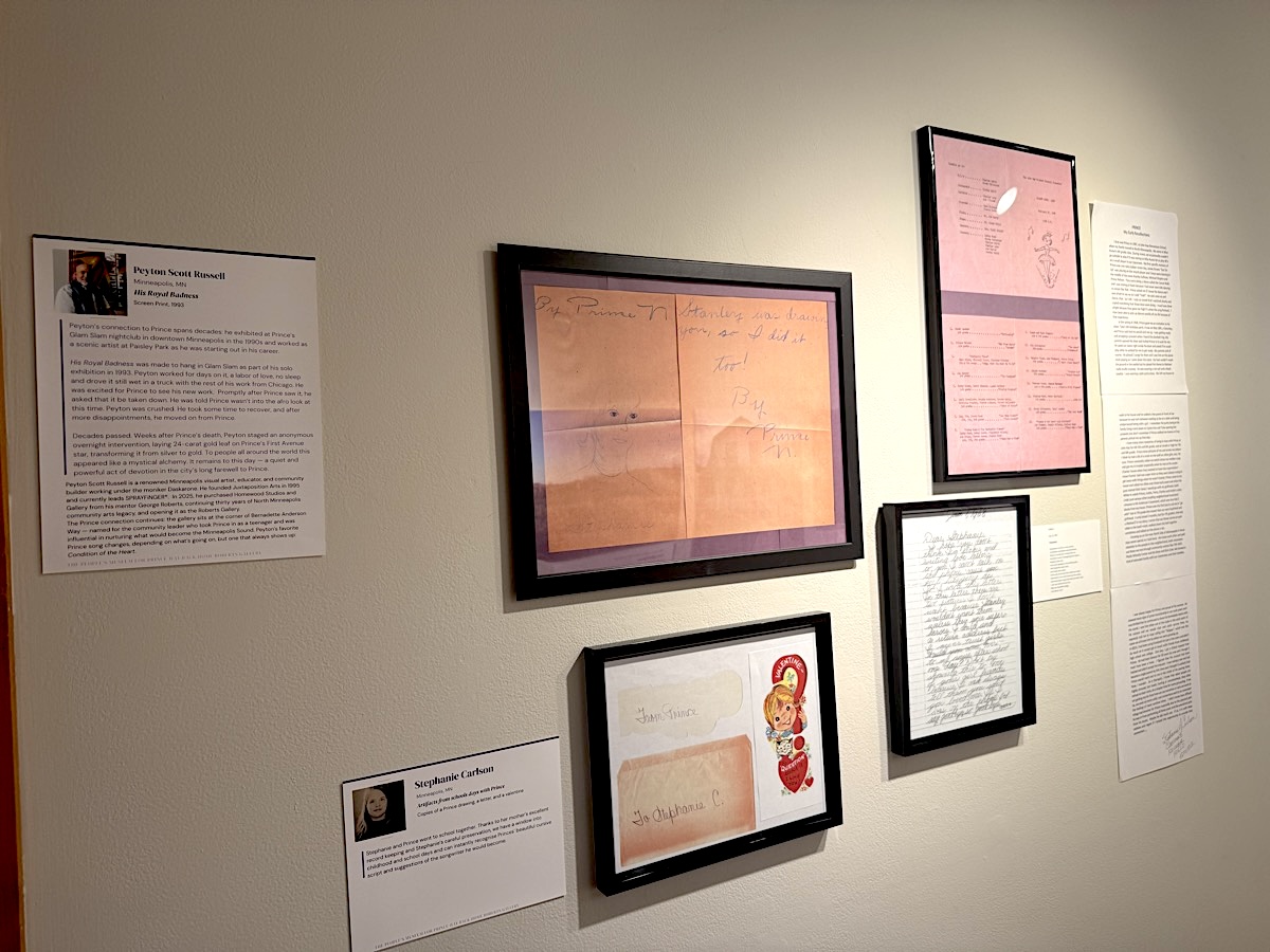 Installation view — Stephanie Carlson, Artifacts from school days with Prince