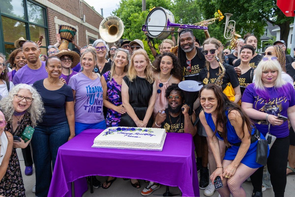 Opening Day, June 7, 2026: the crowd around Prince’s birthday cake